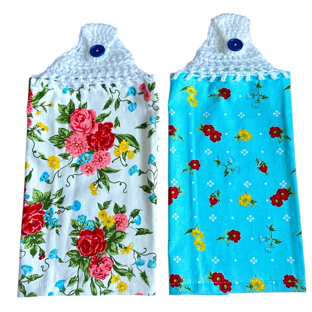 Hand Crafted Colorful Floral Roses Hanging Hand Towels Crochet Top - Picture 3 of 13
